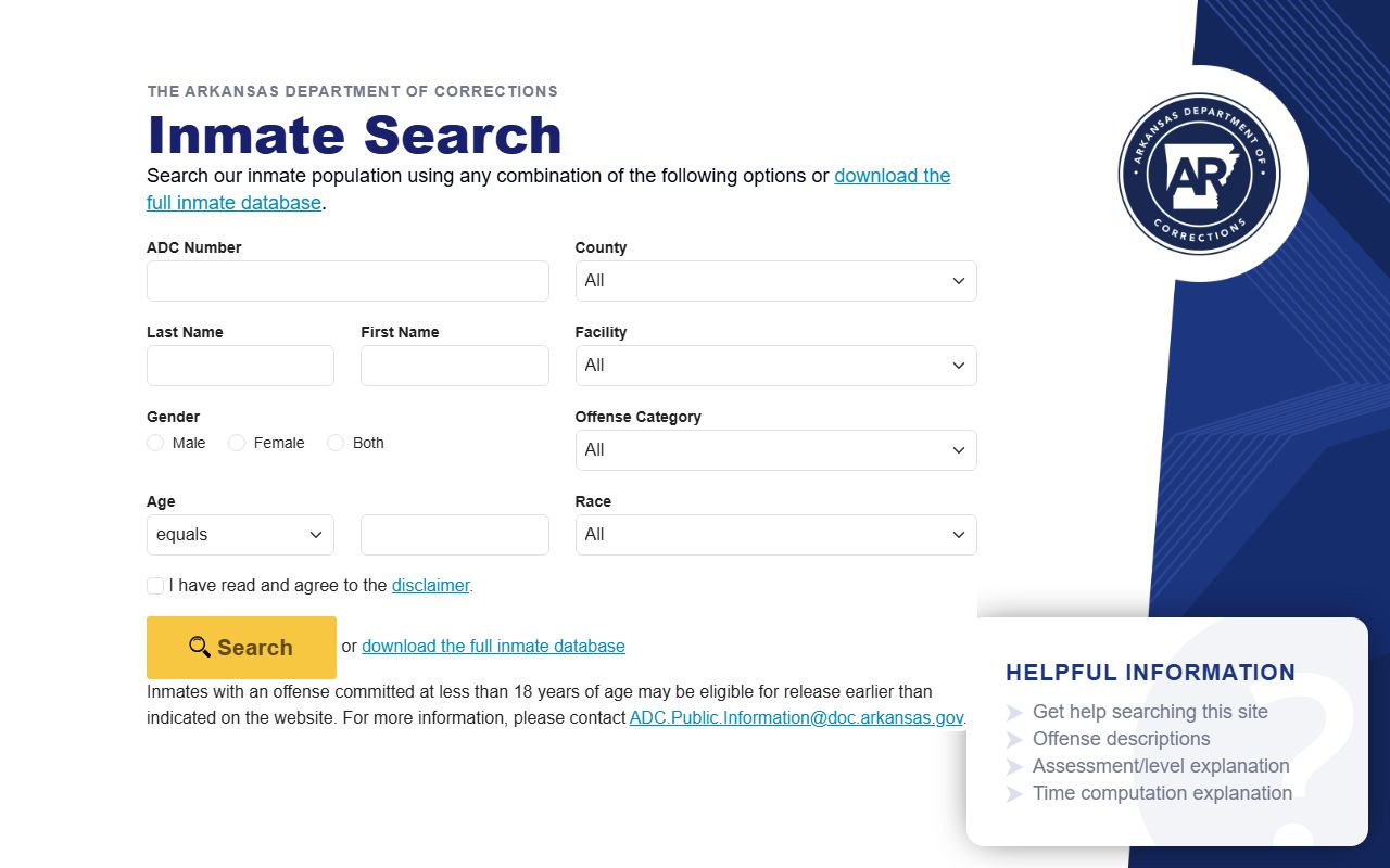 Arkansas DOC inmate locator search fields for Ouachita River inmates