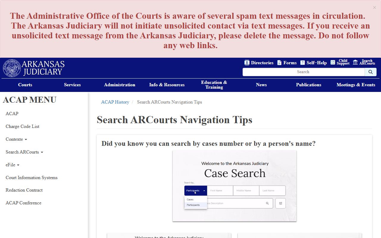 Search ARCourts navigation tips for court records after arrest