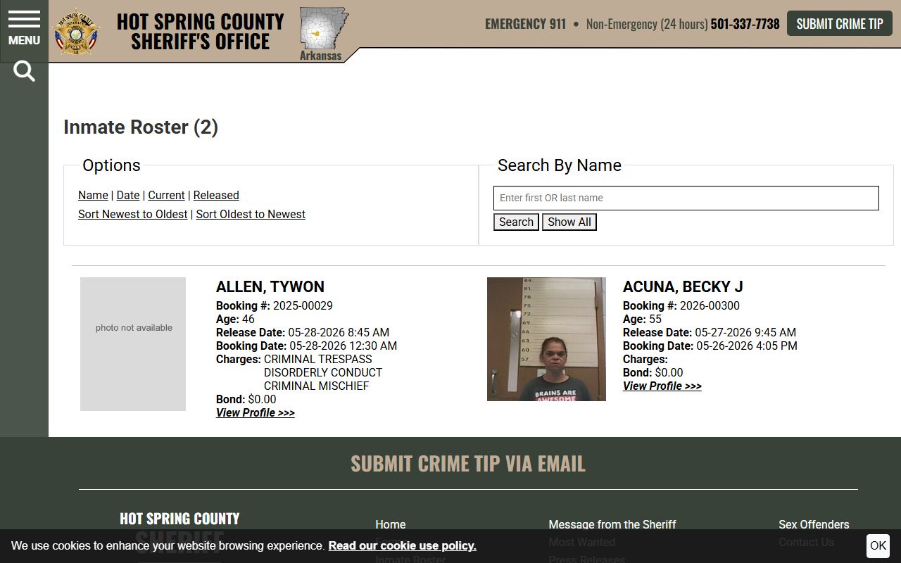 Hot Spring County recent release mugshots and booking photos