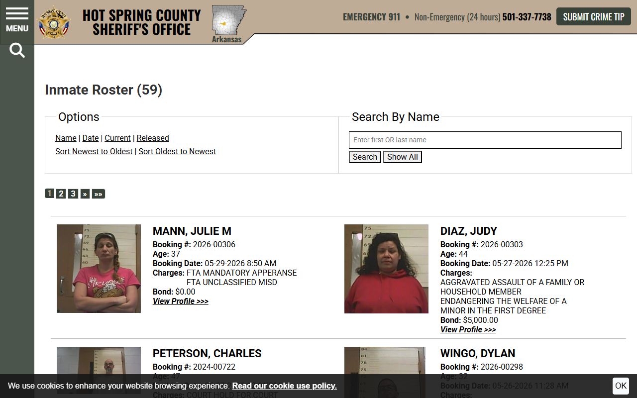 Hot Spring County inmate population current jail roster with booking records
