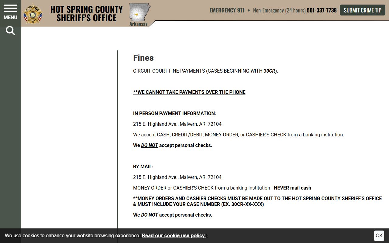 Hot Spring County felony fine payment information after court case