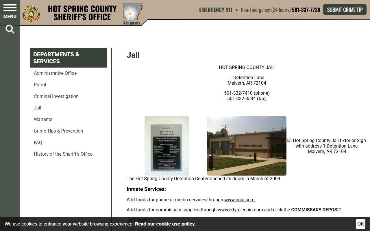 Hot Spring County Jail page with inmate service details