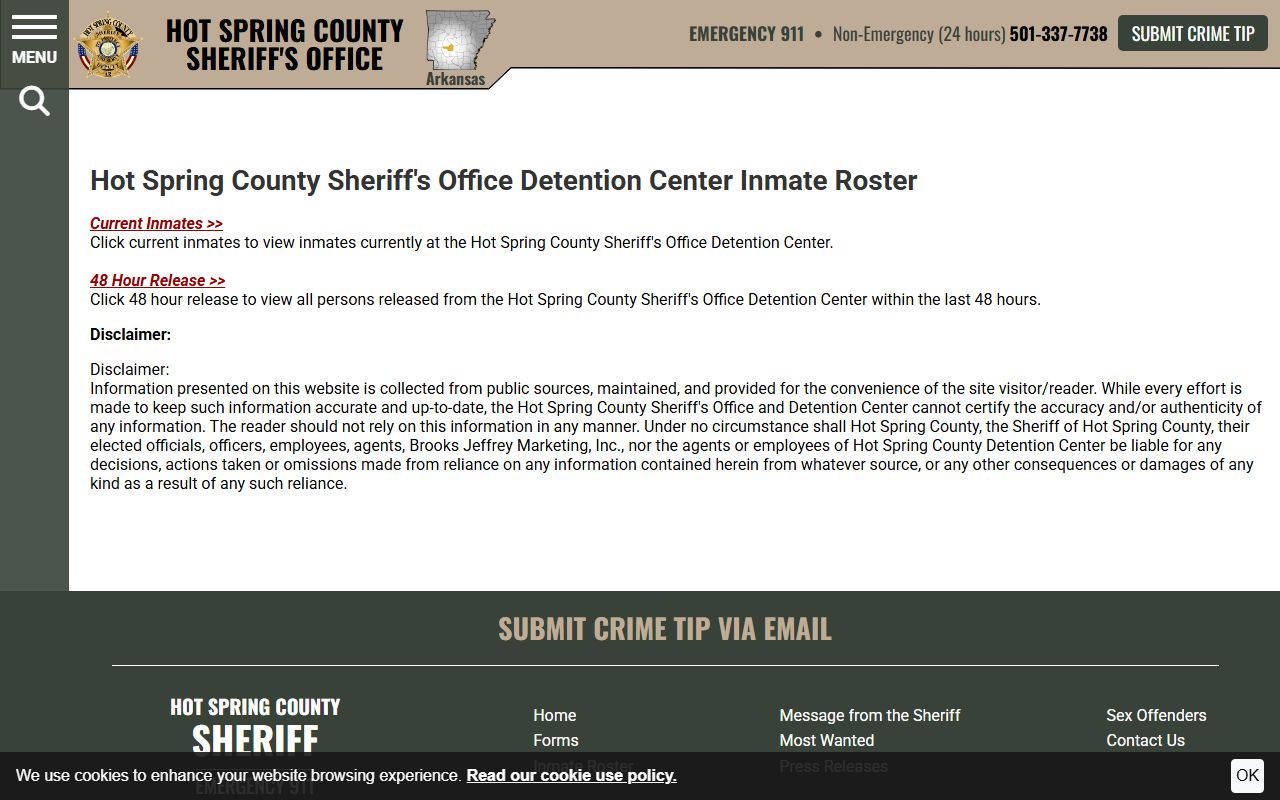 Hot Spring County jail mugshots roster landing page