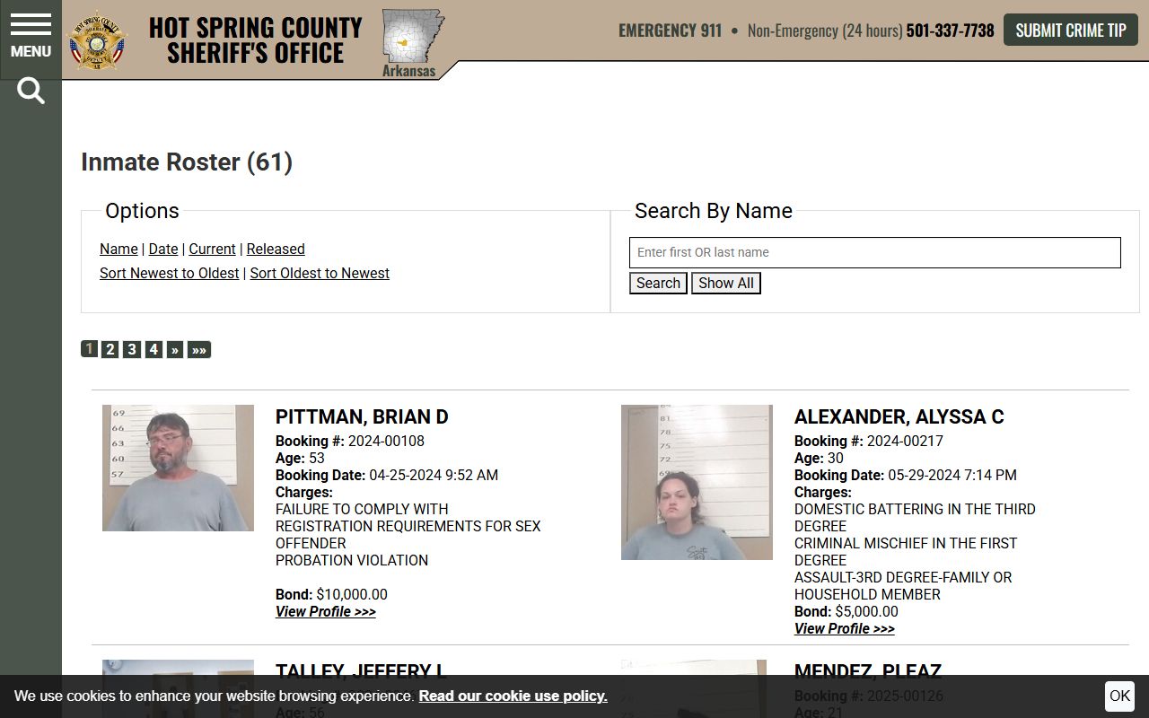 Hot Spring County inmate records roster search page