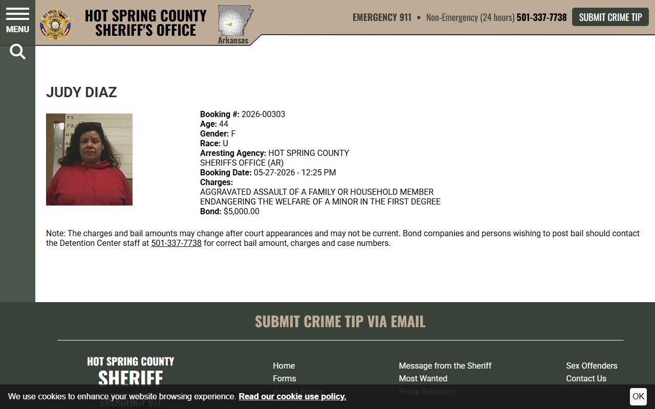 Hot Spring County inmate profile fields and booking photo
